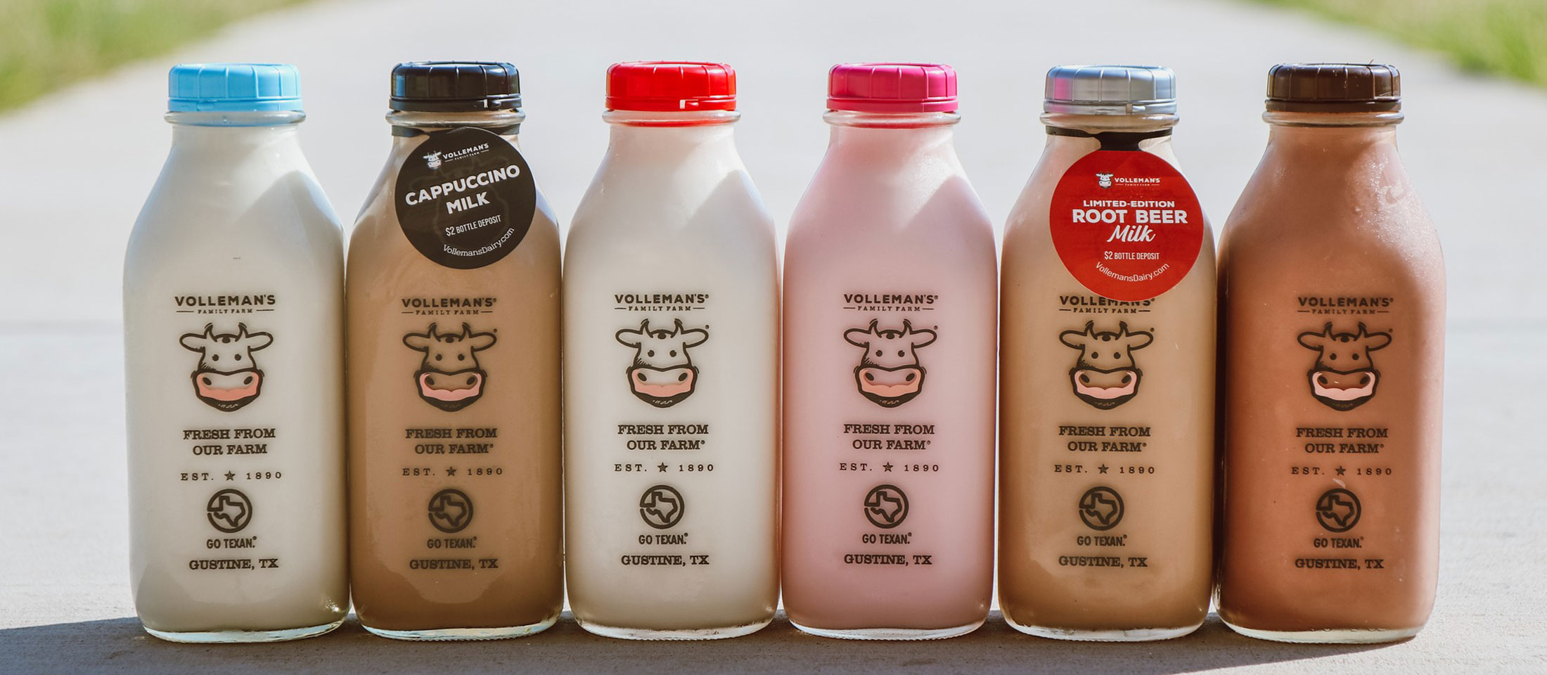 Seis botellas de vidrio llenas de varios sabores de leche se alinean en una acera que exhibe el producto lácteo de Volleman's Dairy.